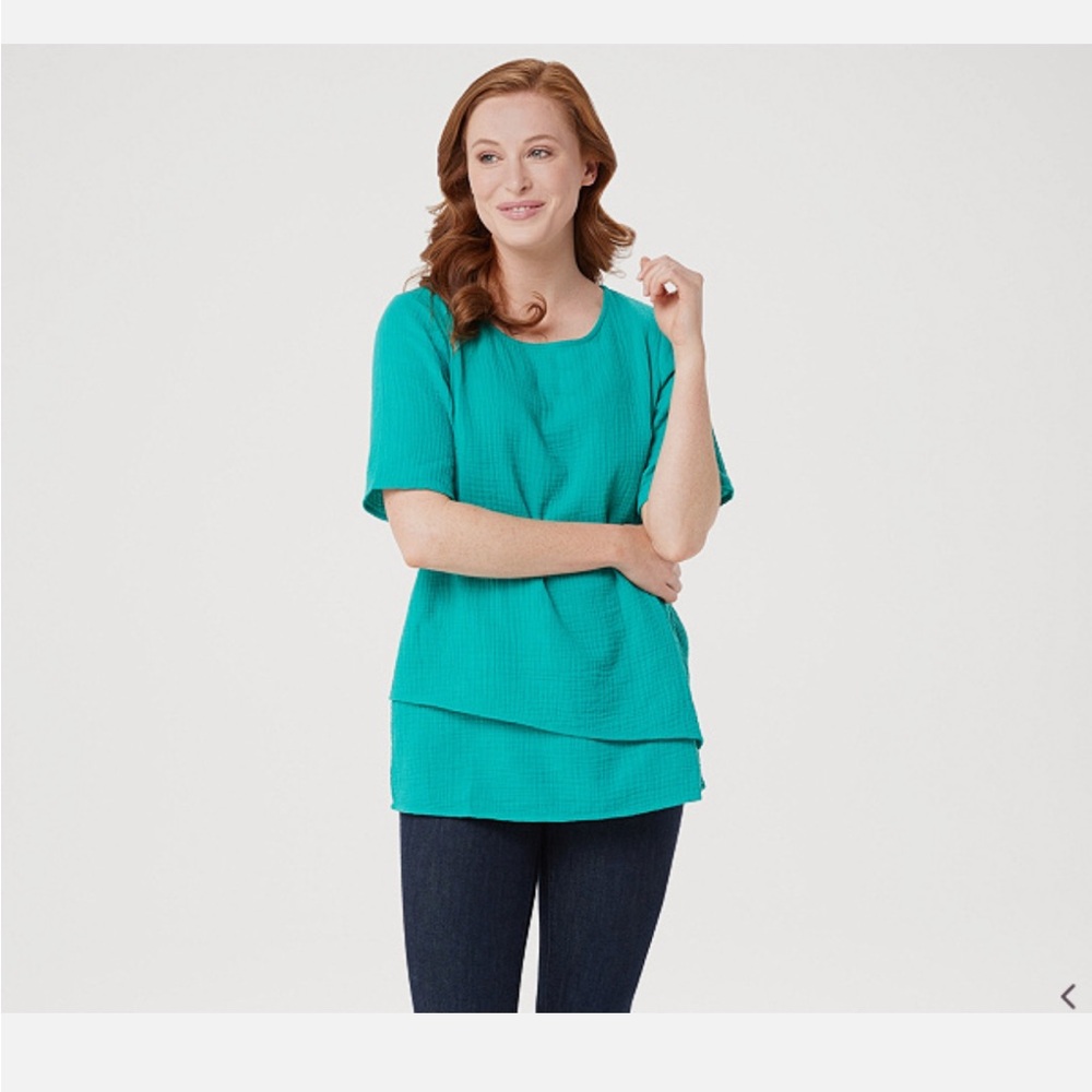 Joan Rivers Crinkle Texture Short-Sleeve Top w/Hem Detail-Turquois-Small-A351497
